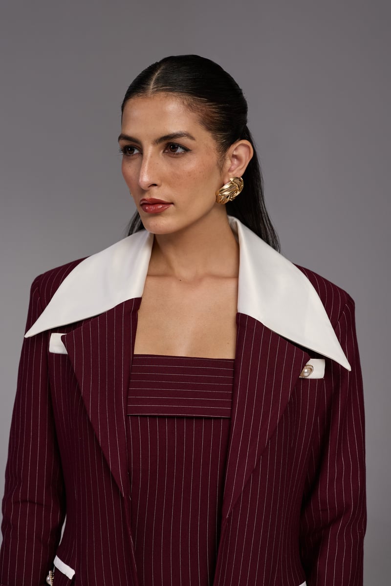 Wine Pinstripe Longline Blazer with Contrast Satin Lapel