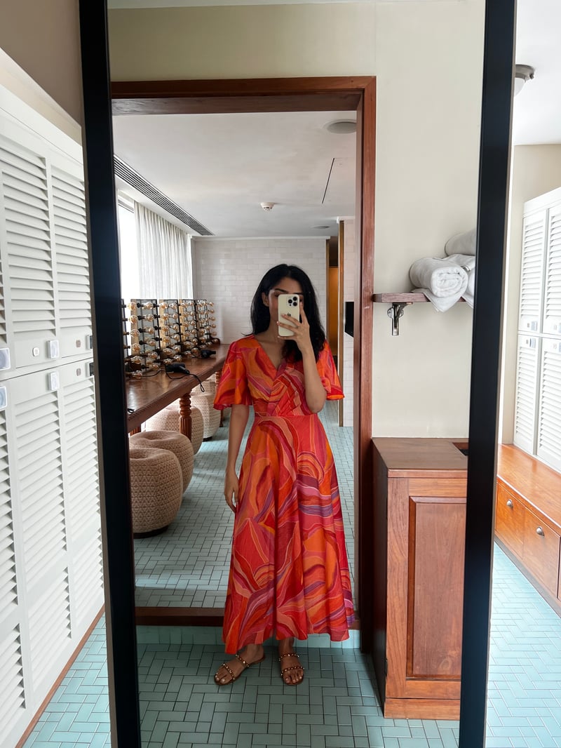 Orange Multicolor Abstract Print Fit and Flare Midi Dress