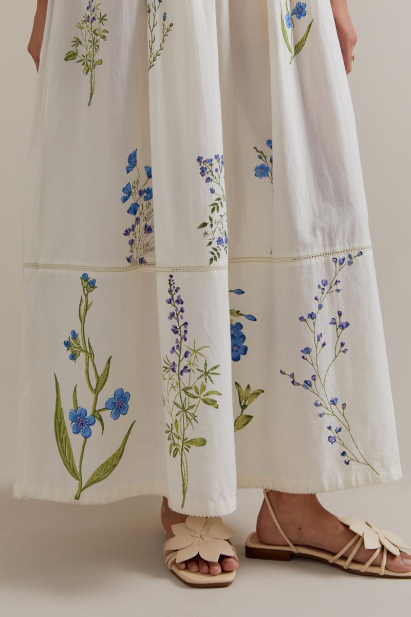 Off-White Floral Block Print Maxi Dress with Waist Tie