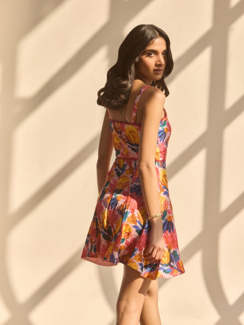 Red Tropical Print Fit and Flare Mini Dress