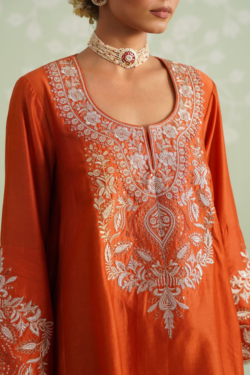 Orange Embroidered Chanderi Kurta Set with Salwar