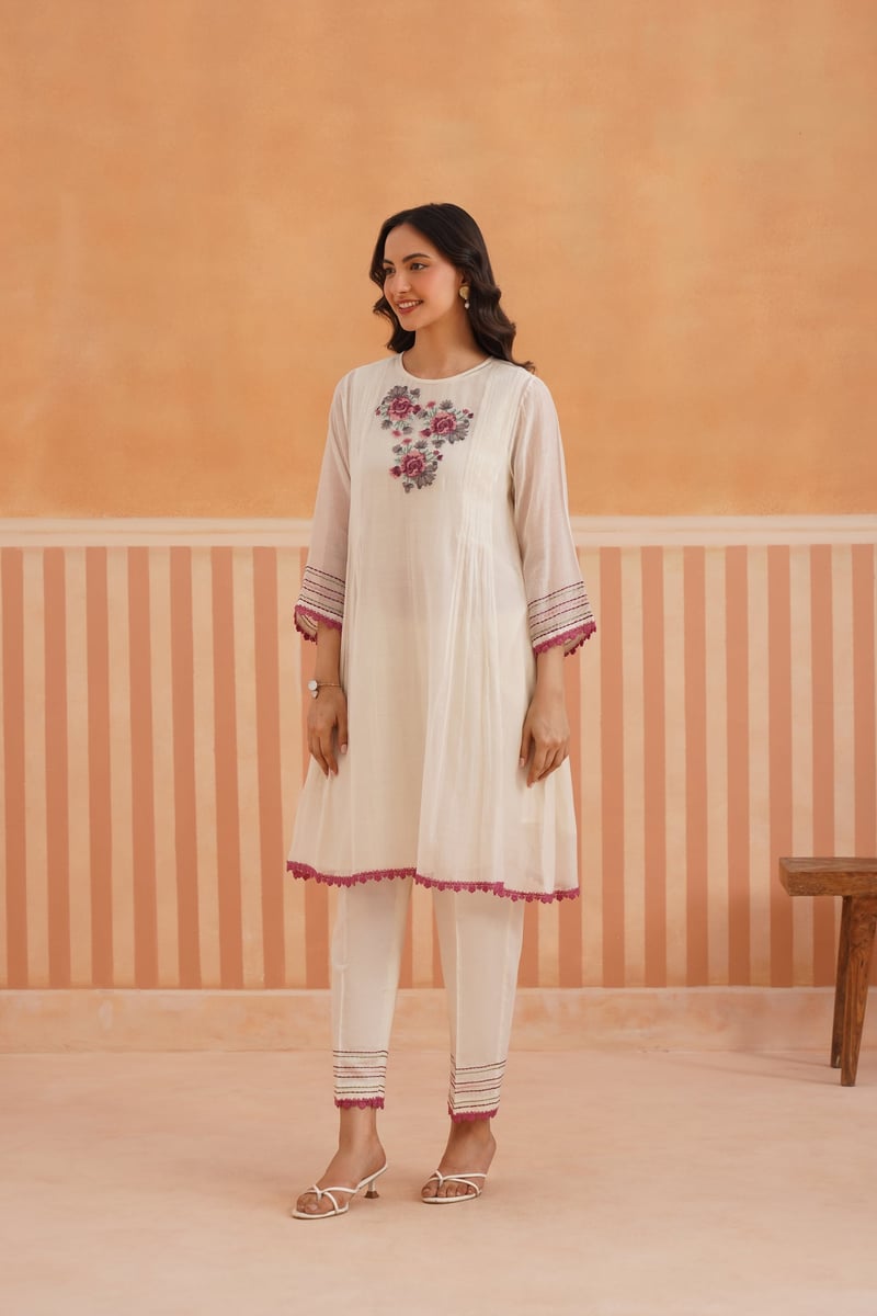 Off-White Mul Chanderi Embroidered Pintuck Kurta Set