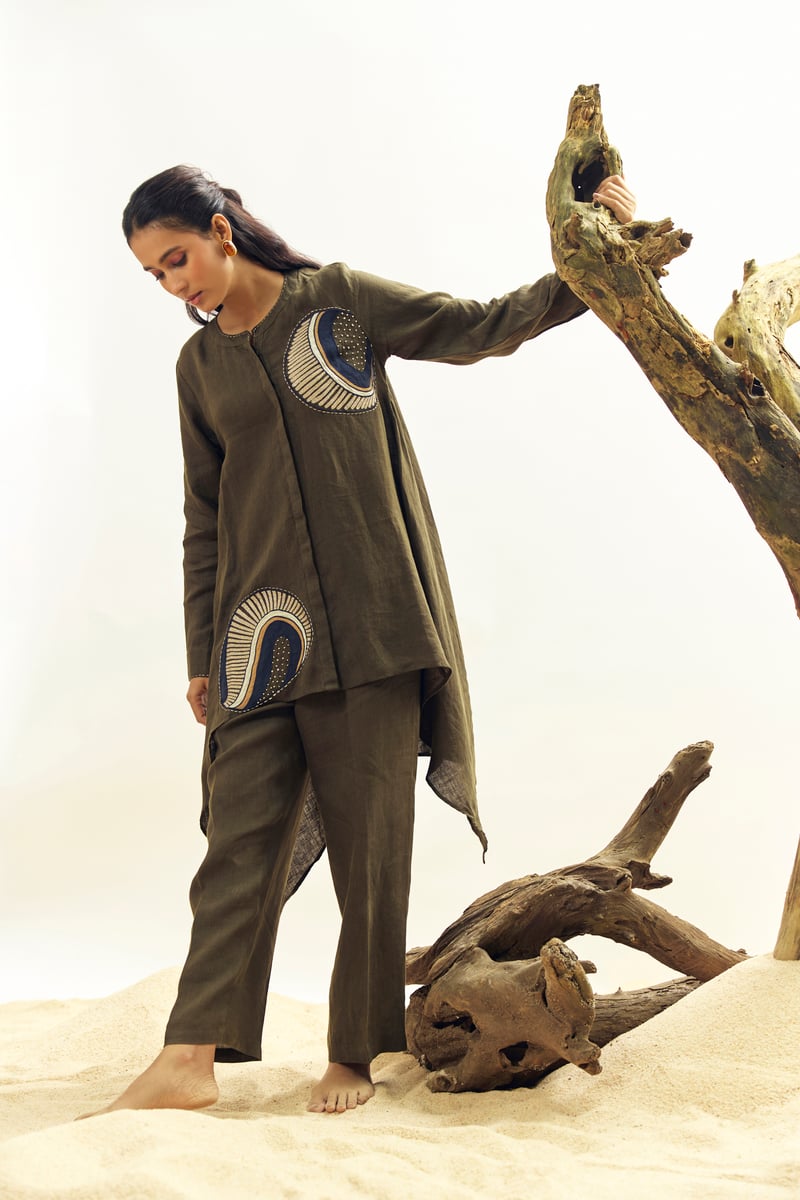 Olive Linen Tunic and Straight Pants Co-ord Set