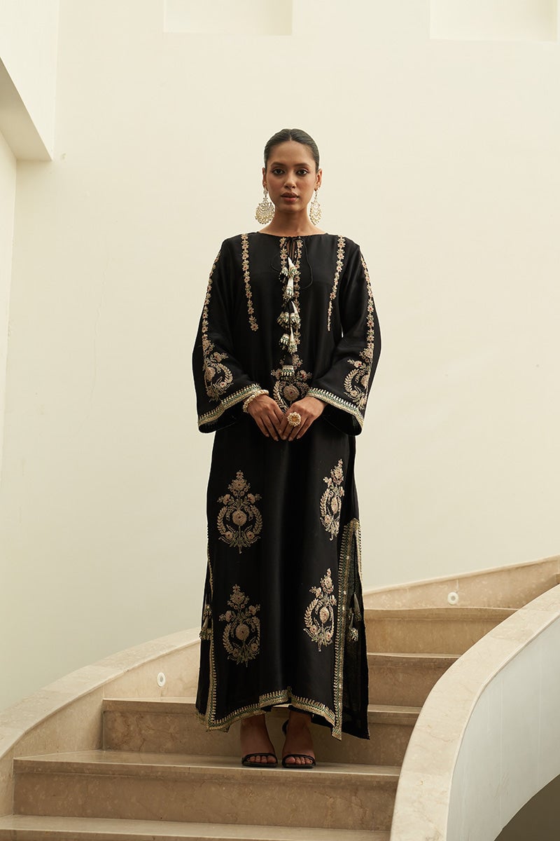 Black Chanderi Silk Embroidered A-Line Kaftan