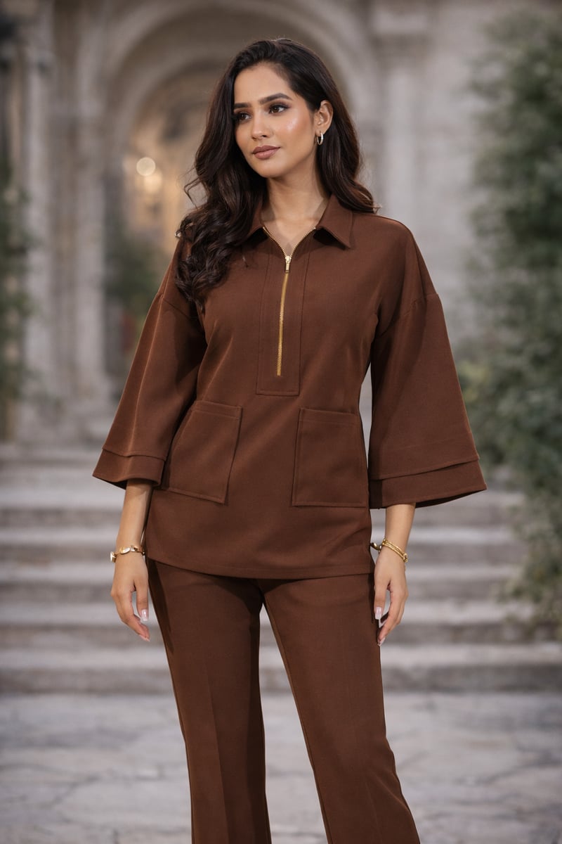 Brown Banana Crepe Half-Zip Co-ord Set with Bell-Bottoms