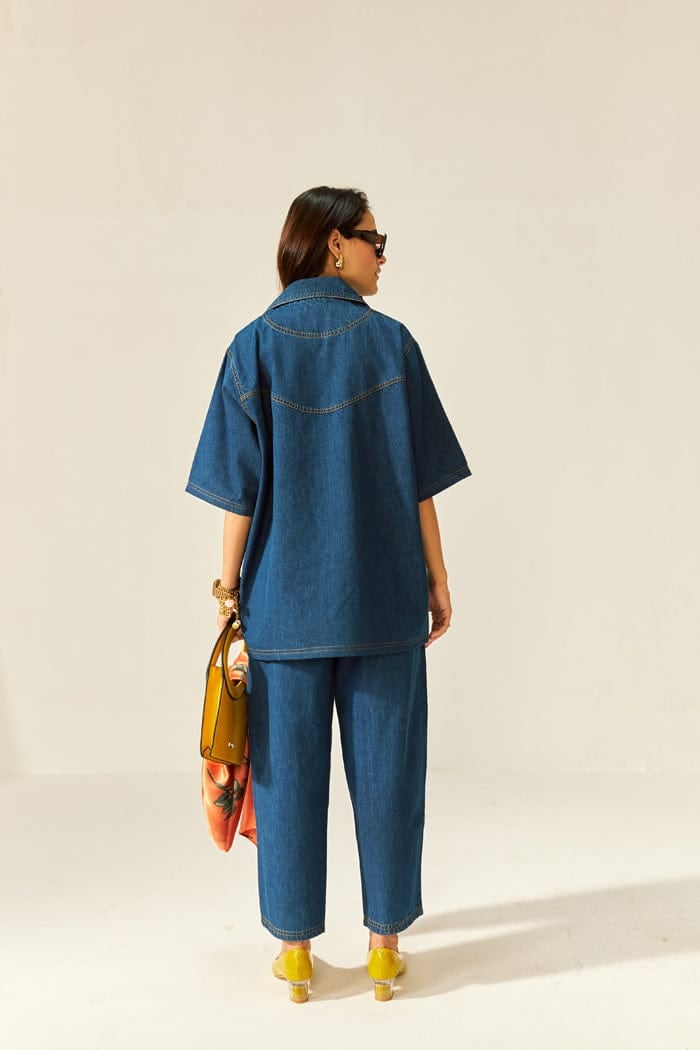 Dark Blue Denim Oversized Shirt and Pants Co-ord Set