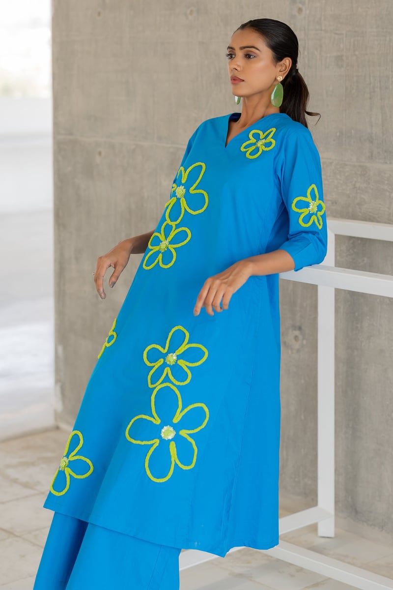 Blue Floral Cord-Embroidered Kurta Set with Pants