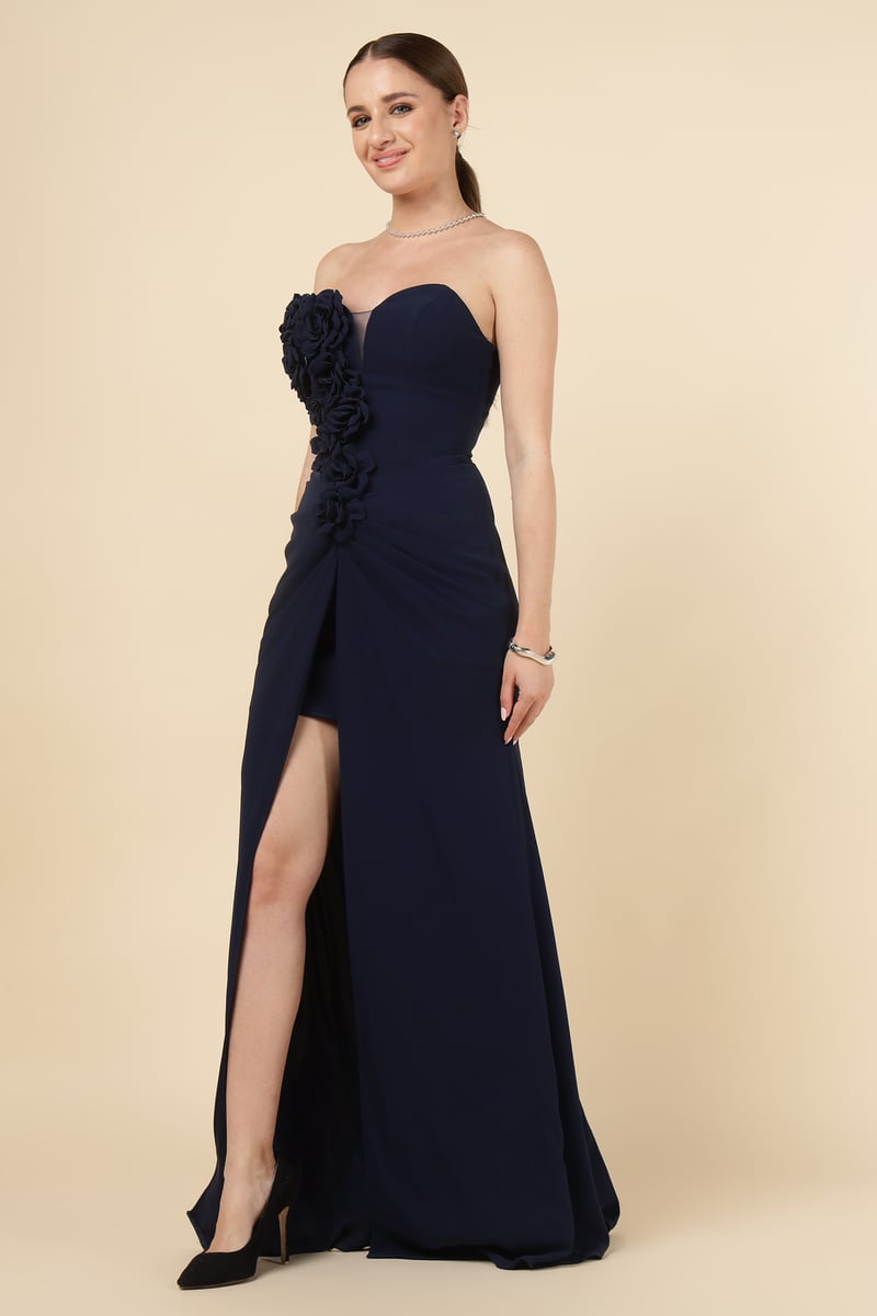 Blue Strapless Sweetheart Maxi Gown with Floral Applique