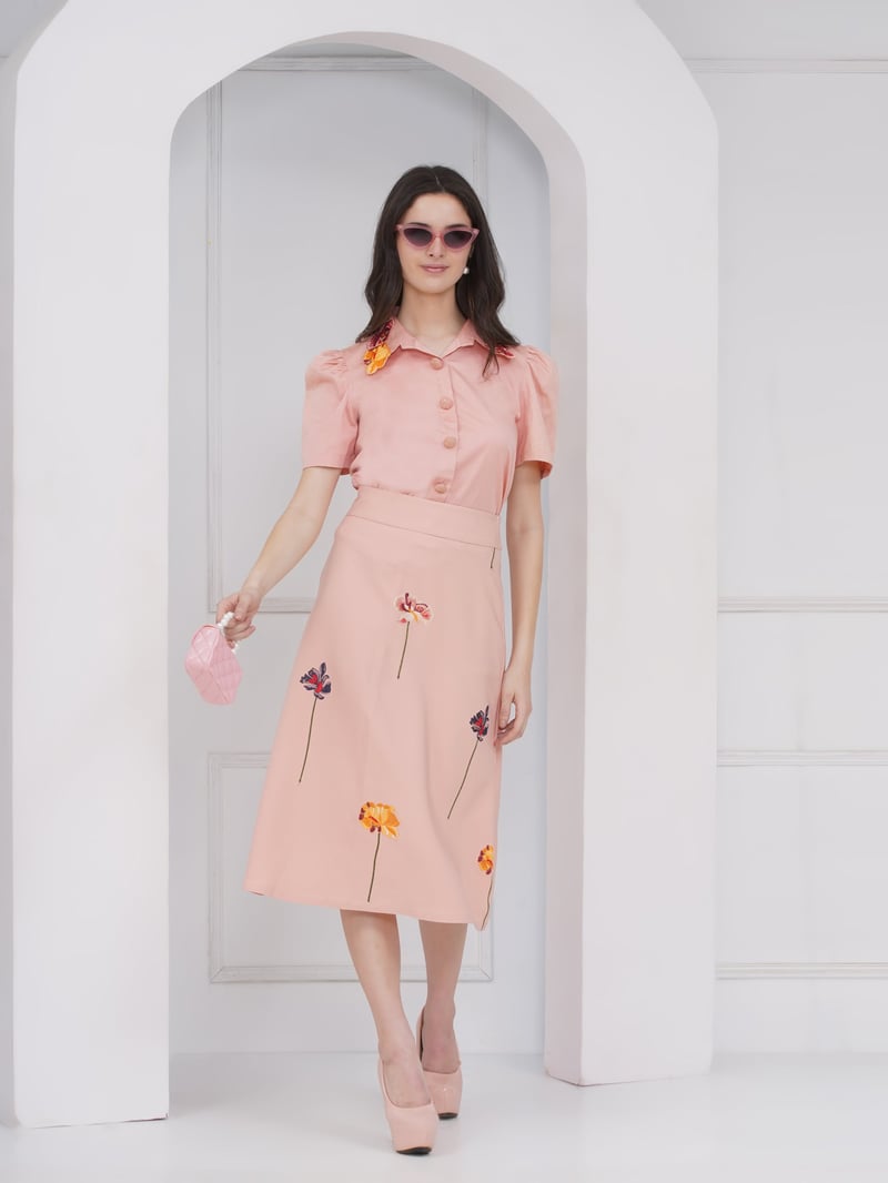 Peach Shirt and A-Line Midi Skirt Co-ord Set