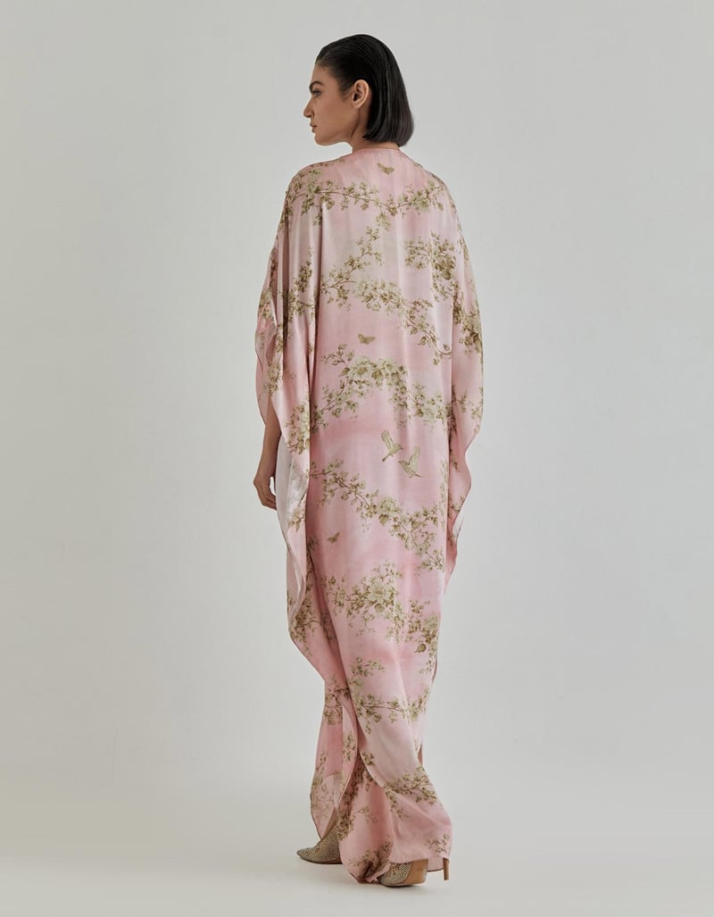 Pink Jardin Flou Printed Kaftan Embroidery