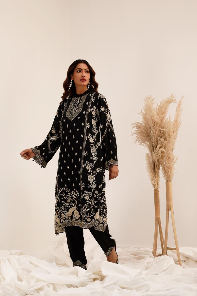 Black Crepe A-Line Kurta Set with Dhoti Pants