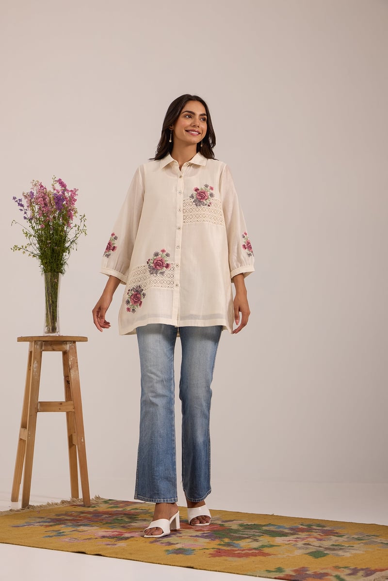 Off-White Sheer Chanderi Lace Panel Button-Down Shirt