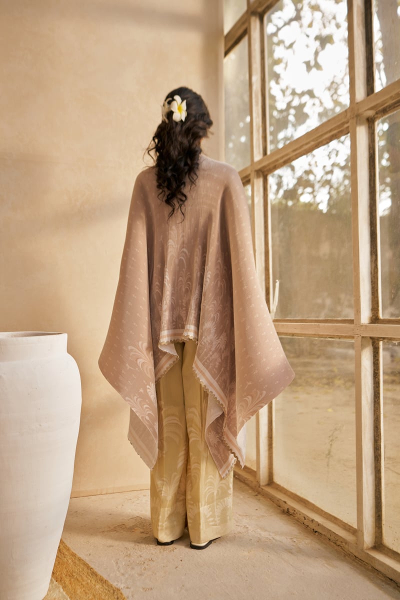 Beige Pleated Printed Kimono Cape
