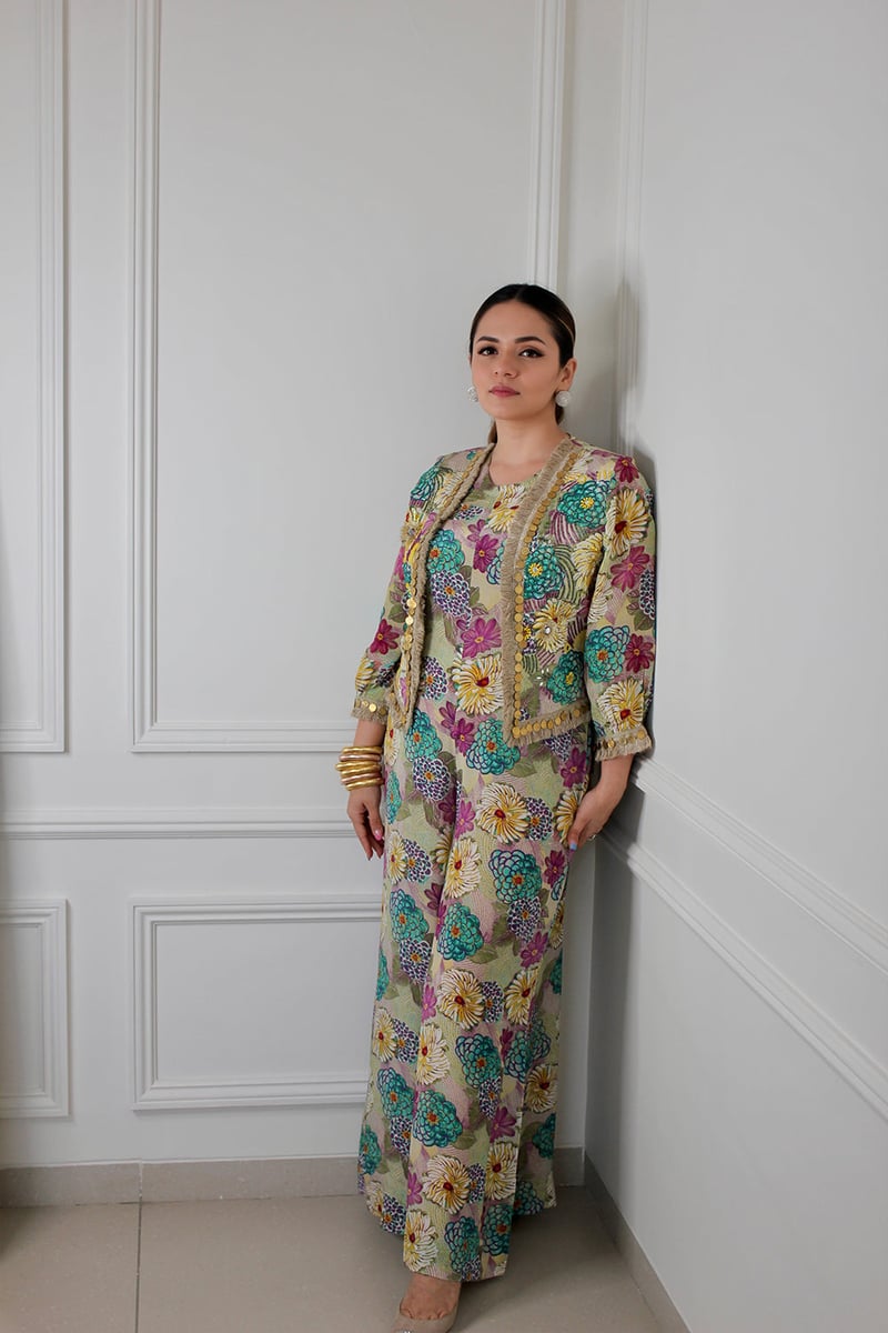 Beige Floral Printed Jumpsuit Set with Cropped Jacket