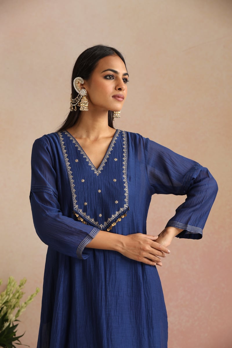 Royal Blue Silk Chanderi Embroidered Kurta Set