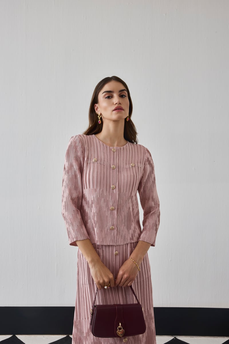 Nude Pink Pleated Printed Top and Midi Skirt Co-ord Set