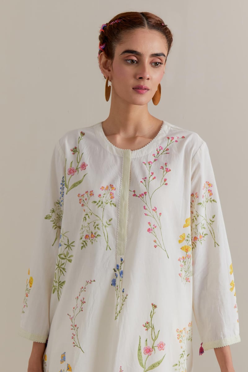 Off-White Floral Block Print Straight Kurta Set