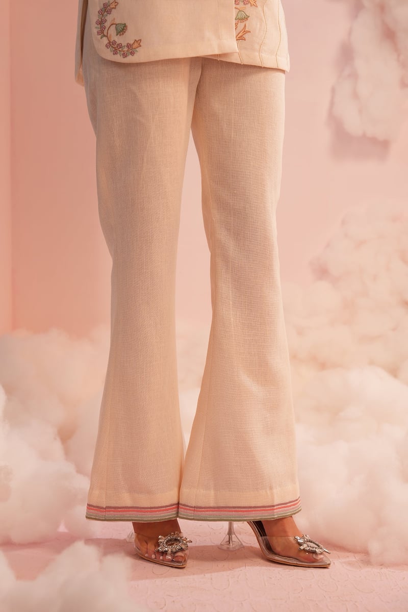 Cream Embroidered Shirt and Bootcut Pants Co-ord Set