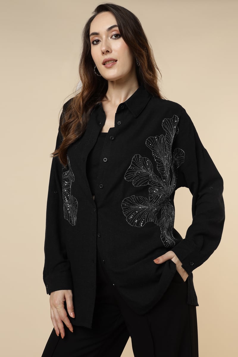 Black Longline Shirt with Silver Sequin Motifs