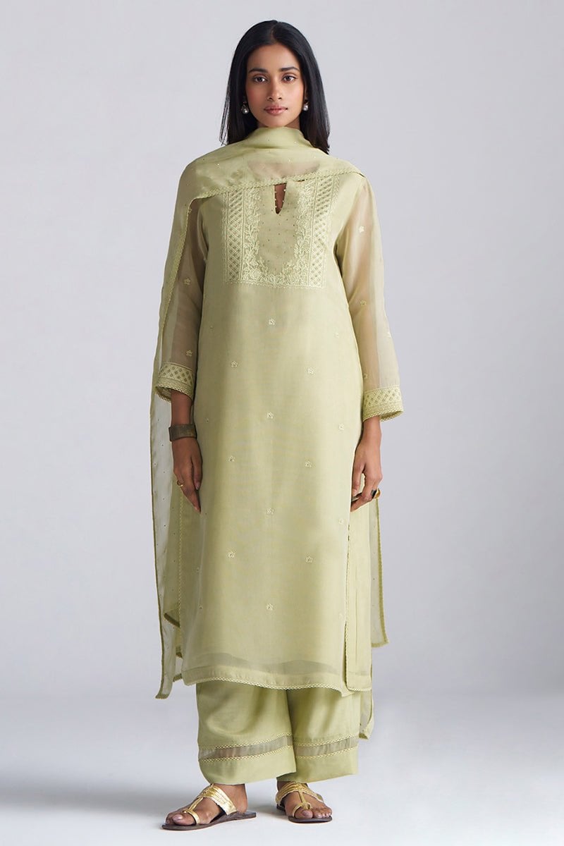 Pista Milk Sheer Kora Silk Embroidered Kurta Set — Ganga Fashions Pvt Ltd