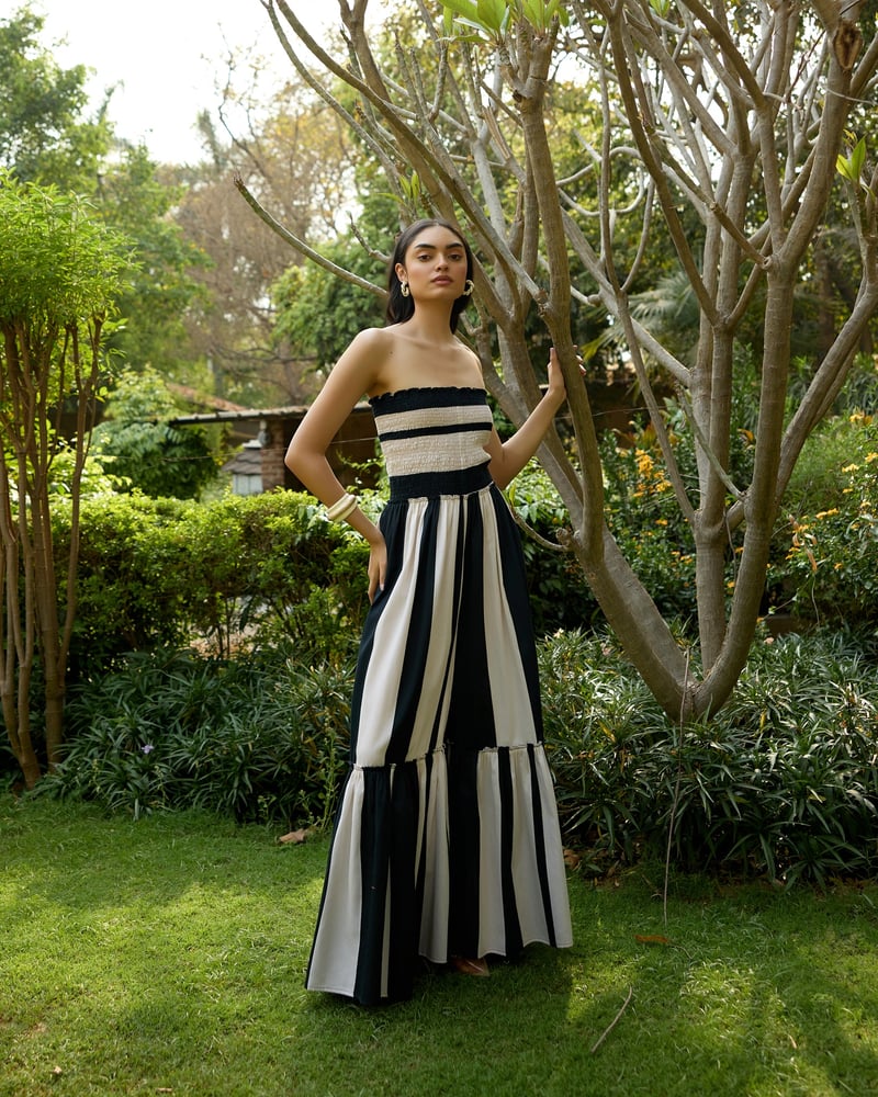 Black and White Striped Smocked Bandeau Maxi Jumpsuit
