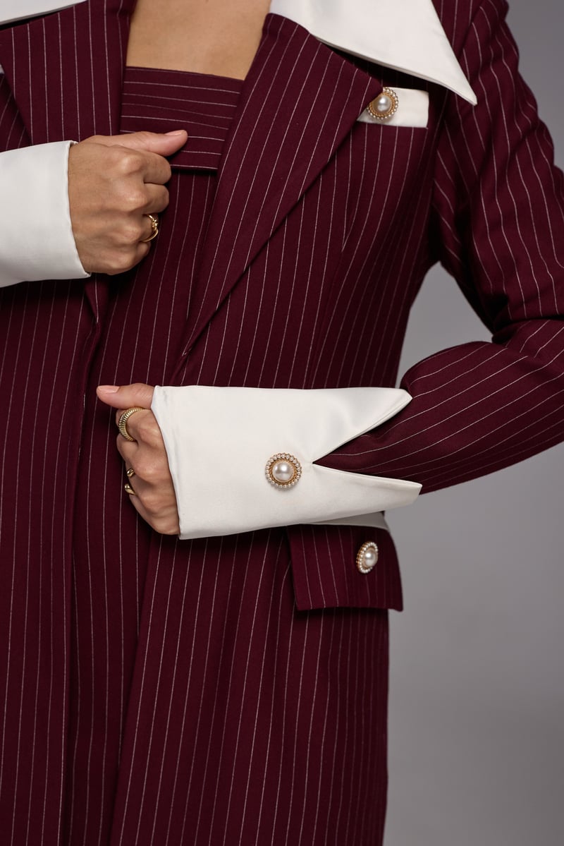 Wine Pinstripe Longline Blazer with Contrast Satin Lapel