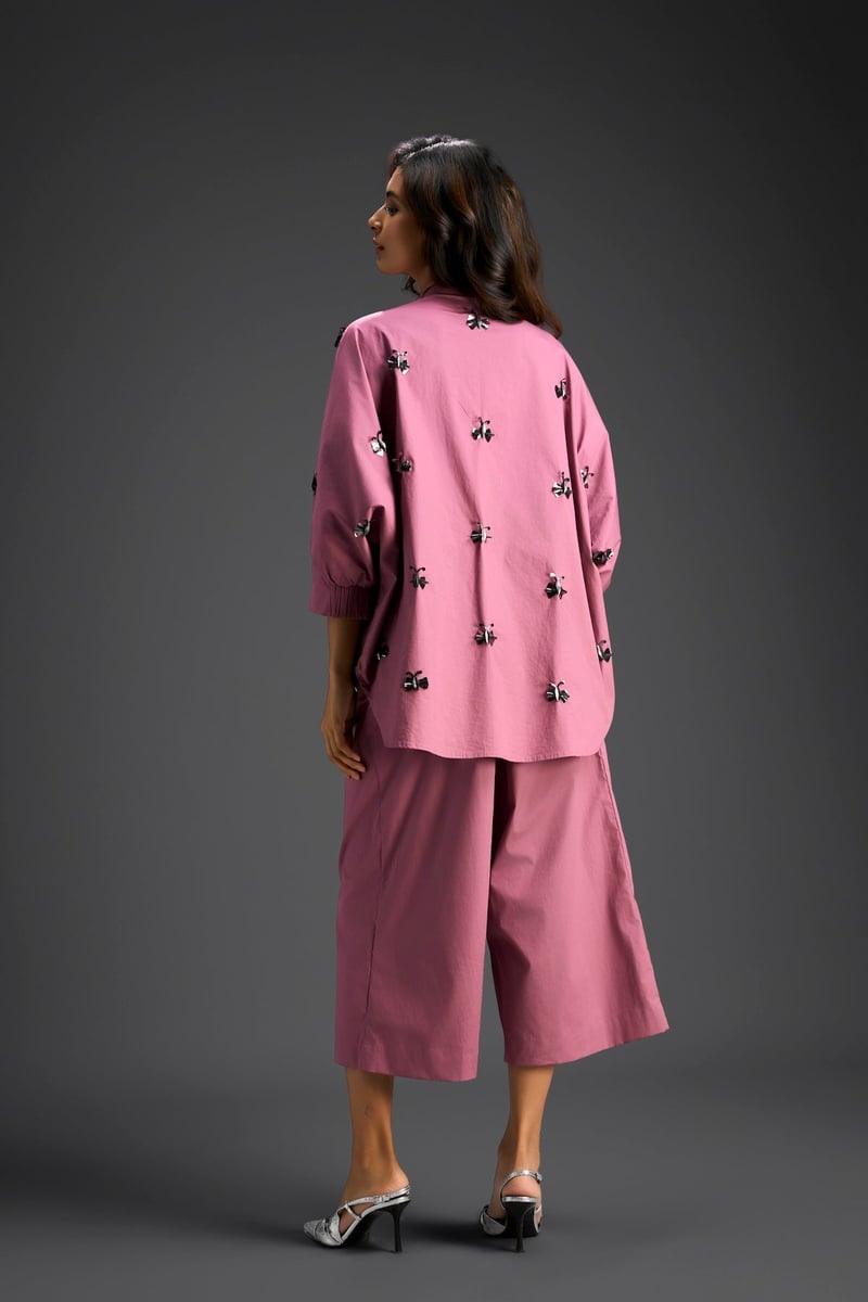 Pink Butterfly Embellished Pleated Shirt & Pants Set