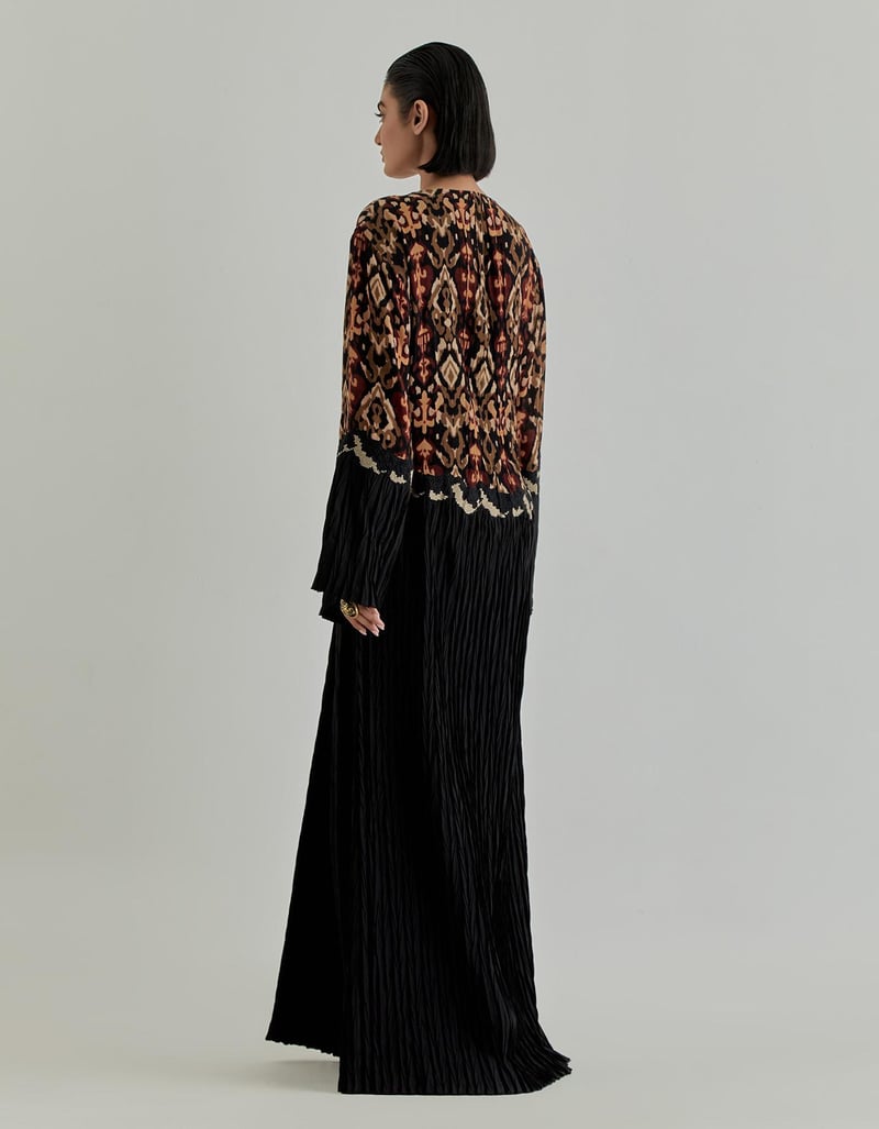 Black Jaspe Long Kaftan In Crinkle & Crepe Fabric