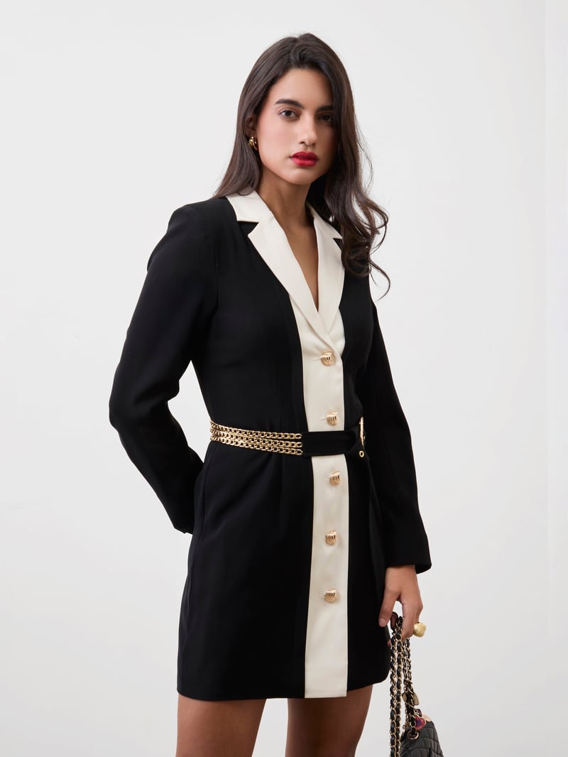 Black and White Colorblock Blazer Mini Dress with Chain Belt