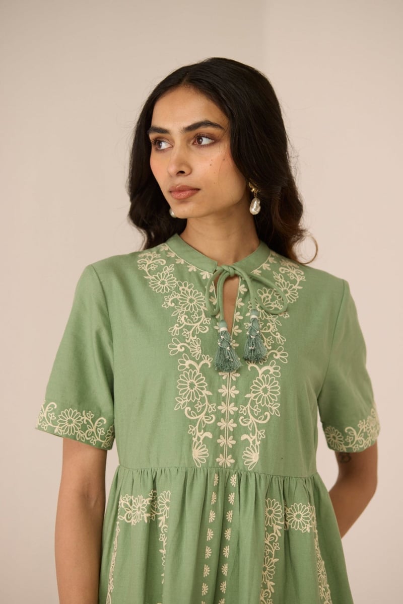 Epsom Green Embroidered Tiered Mini Dress