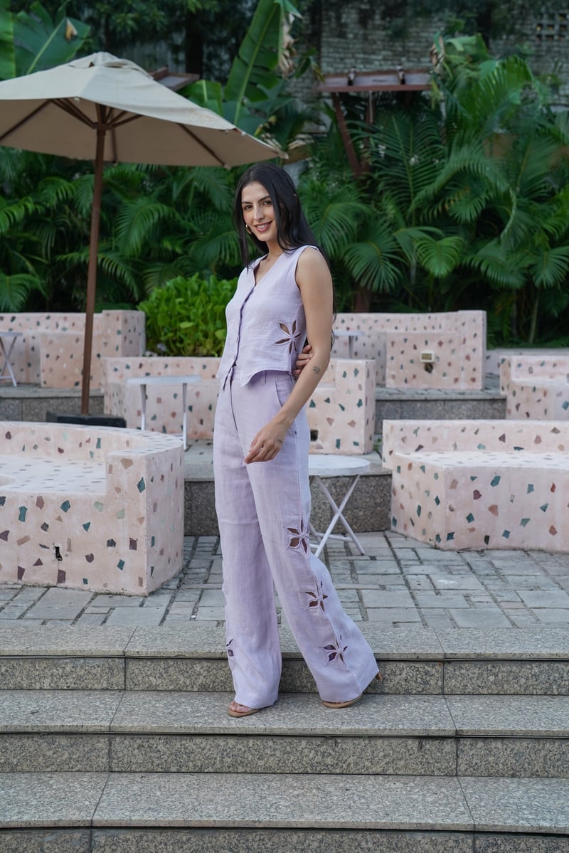 Lilac Linen High-Rise Straight-Leg Pants with Cutwork