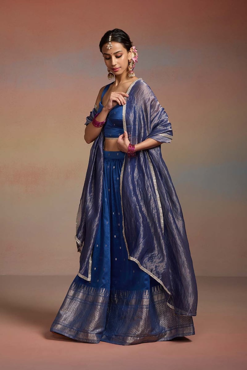 Ink Blue Banarasi Brocade Lehenga Set with Zari Dupatta