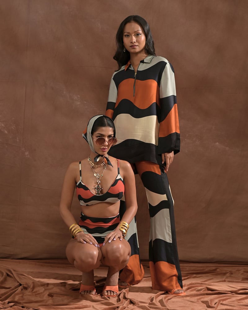High-Waist Abstract Printed Modal Satin Straight-Leg Trousers