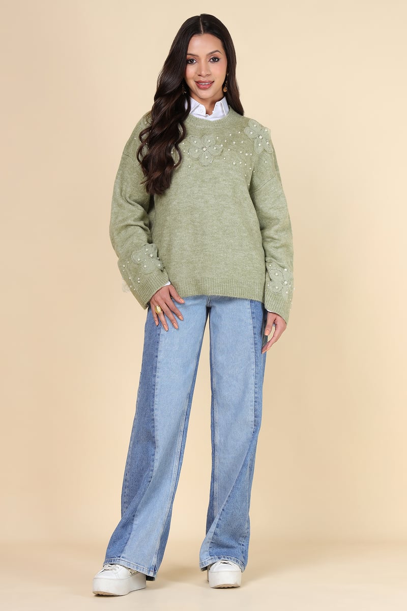 Green Floral Applique Embellished Pullover Sweater