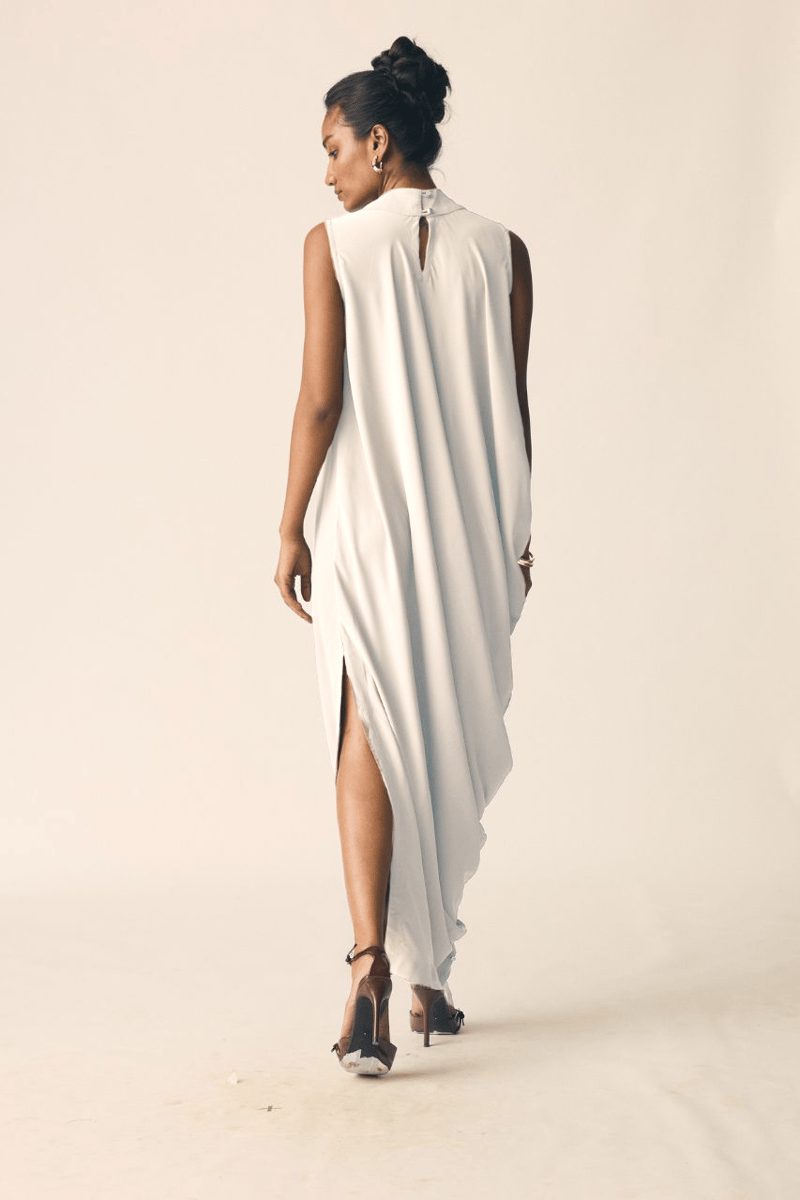 White High Neck Asymmetrical Drape Maxi Dress