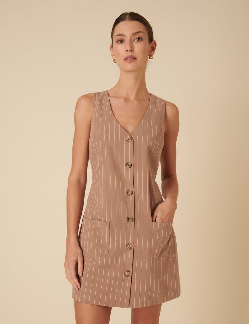 Stone Pinstripe Button-Front Pinafore Mini Dress