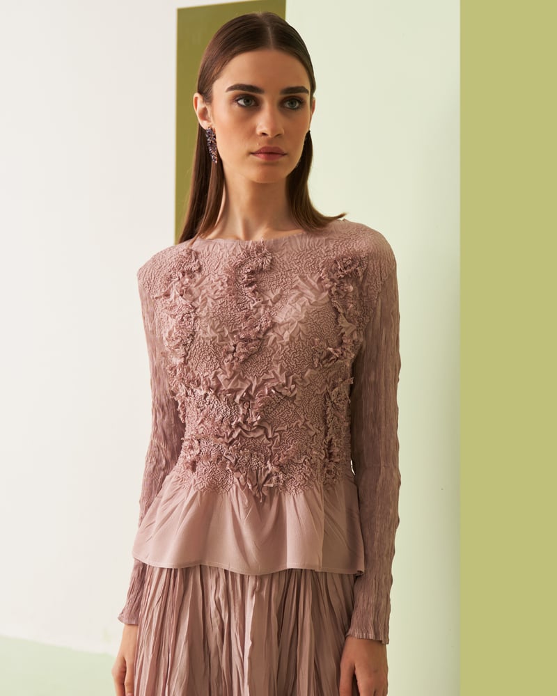 Nude 3D Floral Peplum Top and Midi Skirt Co-ord Set