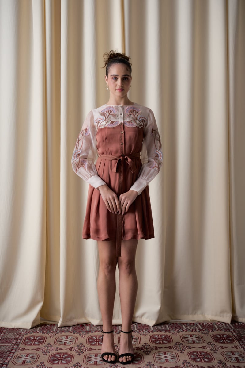 Mocha Fit and Flare Dress with Sheer Embroidered Yoke — Love Kiki