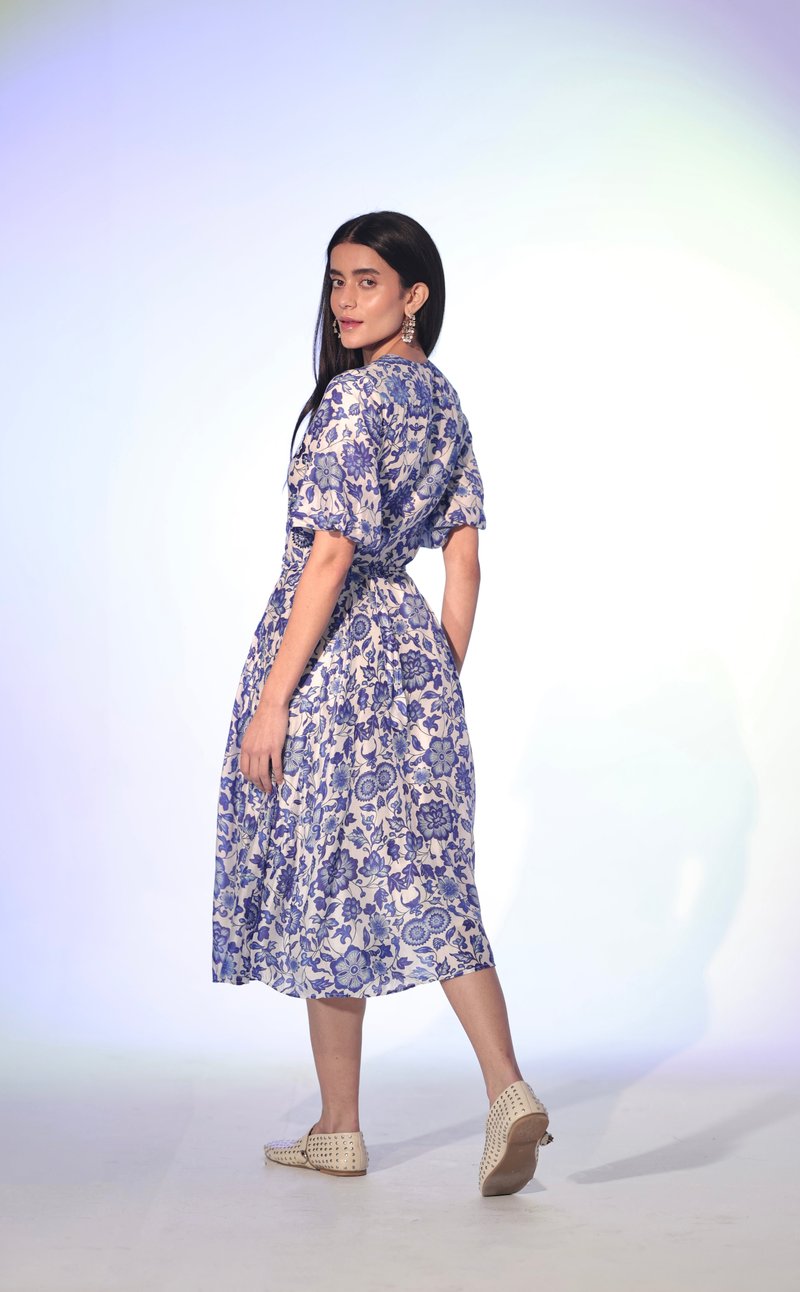 White and Blue Floral Belted Button-Front Midi Dress