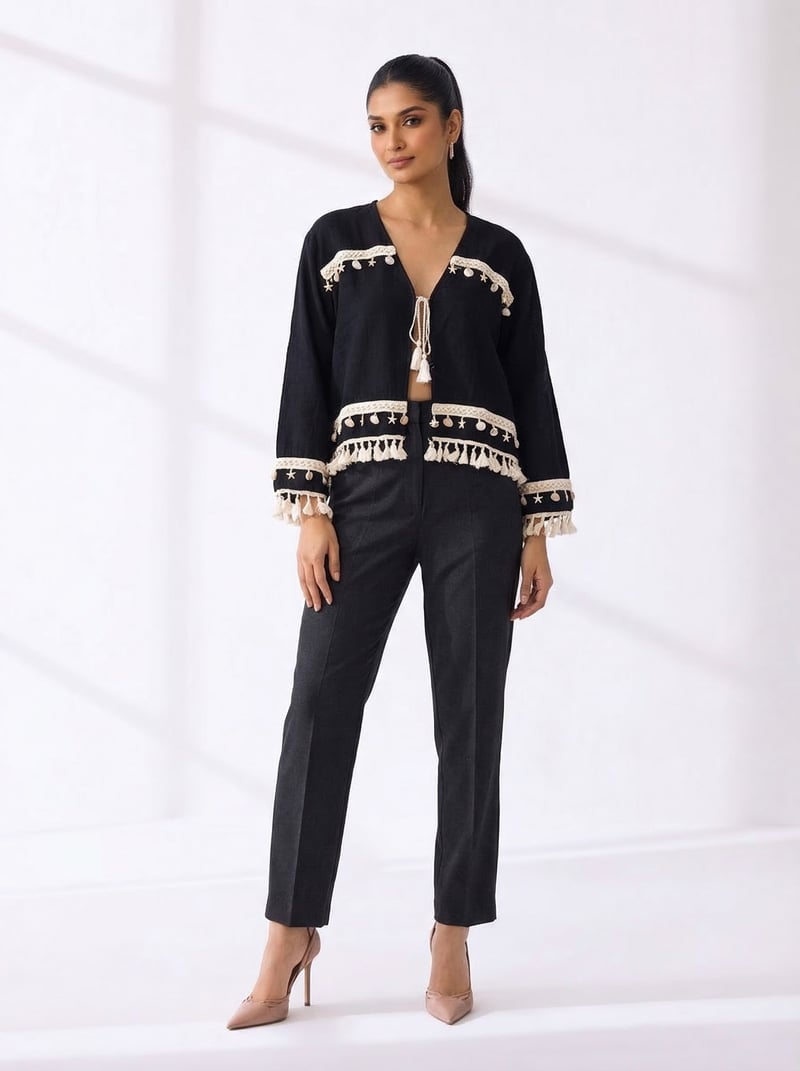 Siyah Black V-Neck Tie-Up Tassel Trim Blouse — ASPRIN FASHION