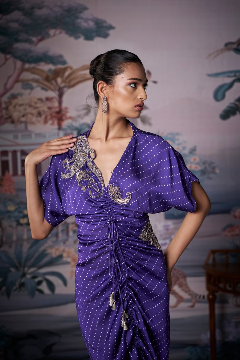 Purple Satin Printed Ruched Kaftan with Plunging Neck