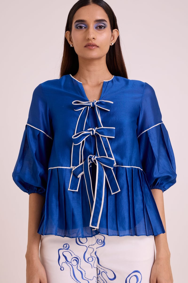 Electric Blue Tie-Up Top & Printed Wide-Leg Co-ord Set