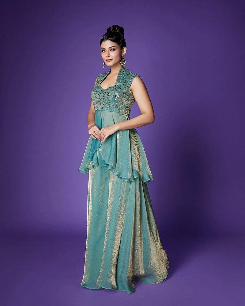 Sea Green Shimmer Peplum and Palazzo Co-ord Set