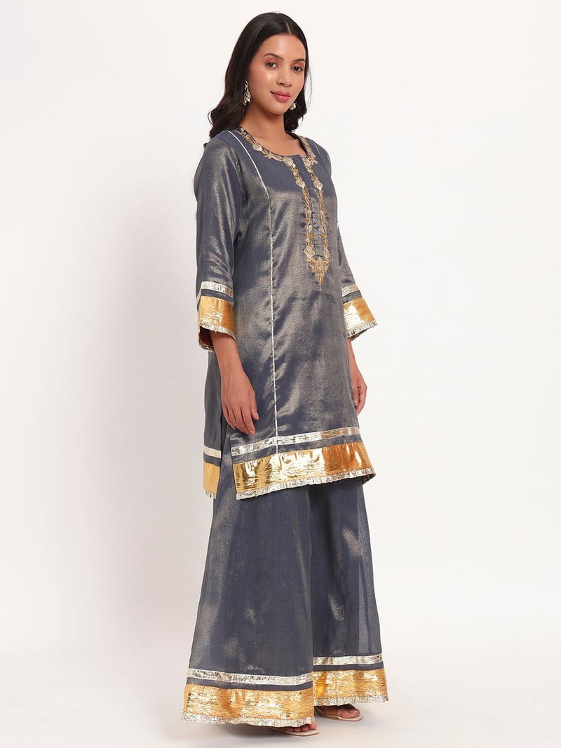 Grey-Blue Cotton Tissue Sharara Kurta Set with Dupatta