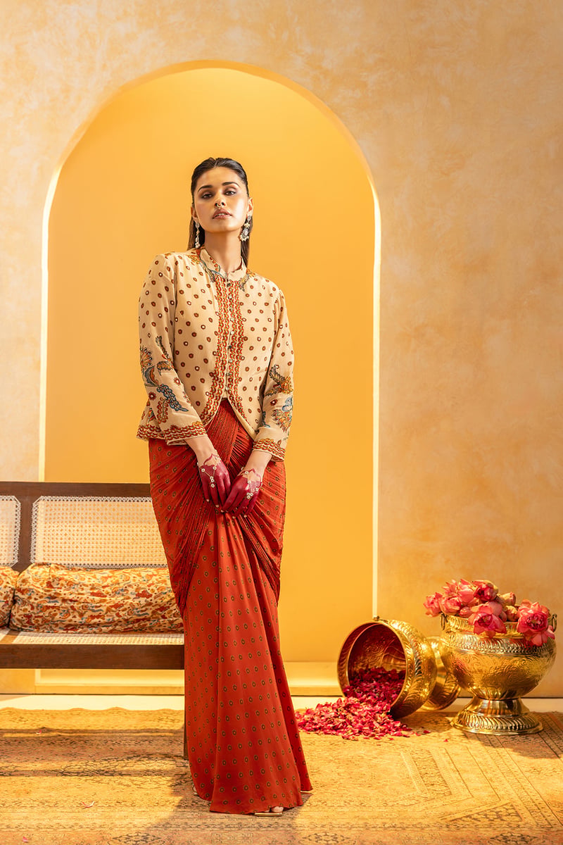 Beige Jacket and Maroon Drape Maxi Skirt Co-ord Set — SOUP by Sougat Paul
