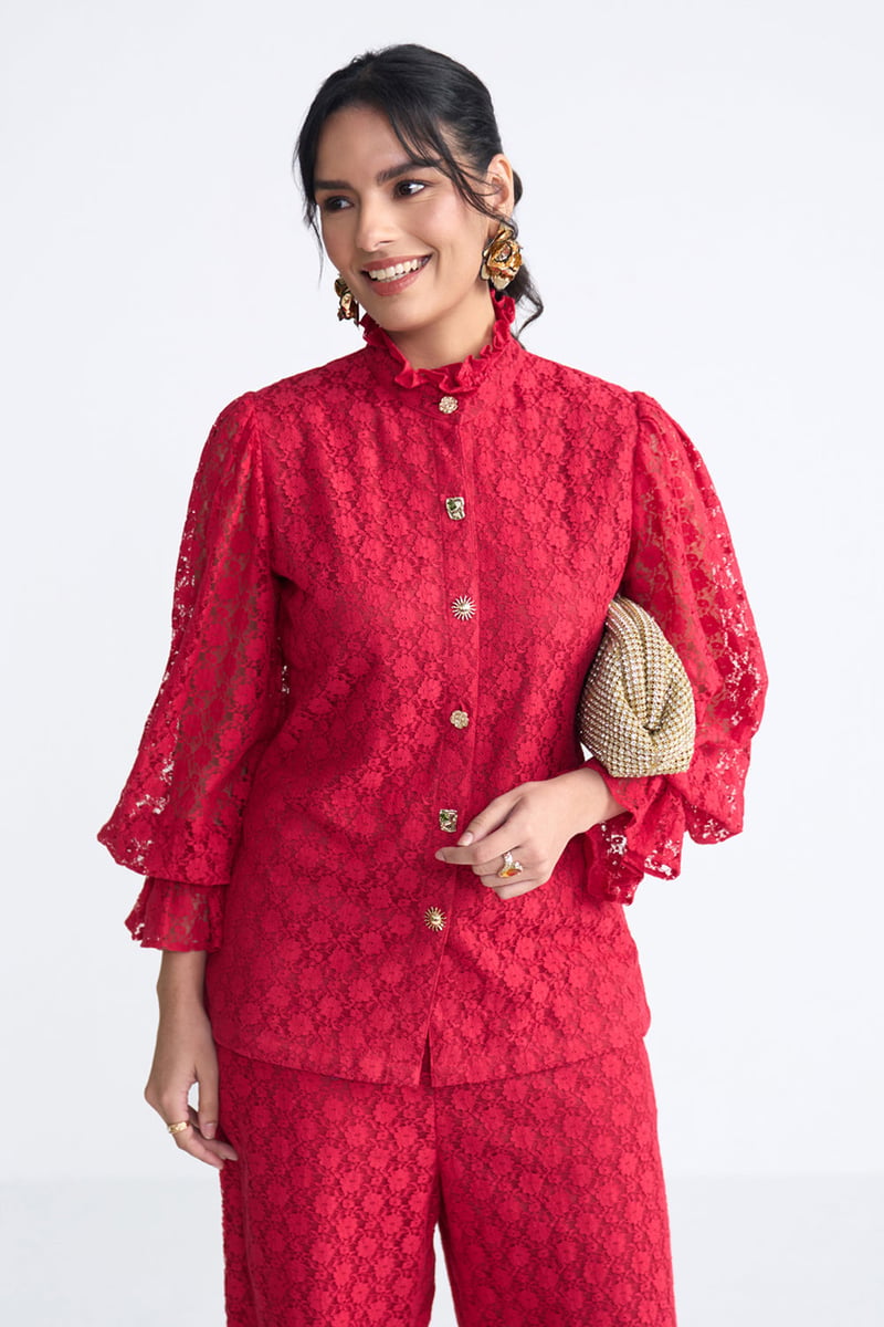 Red Lace Button-Front Co-ord Set with Flared Pants