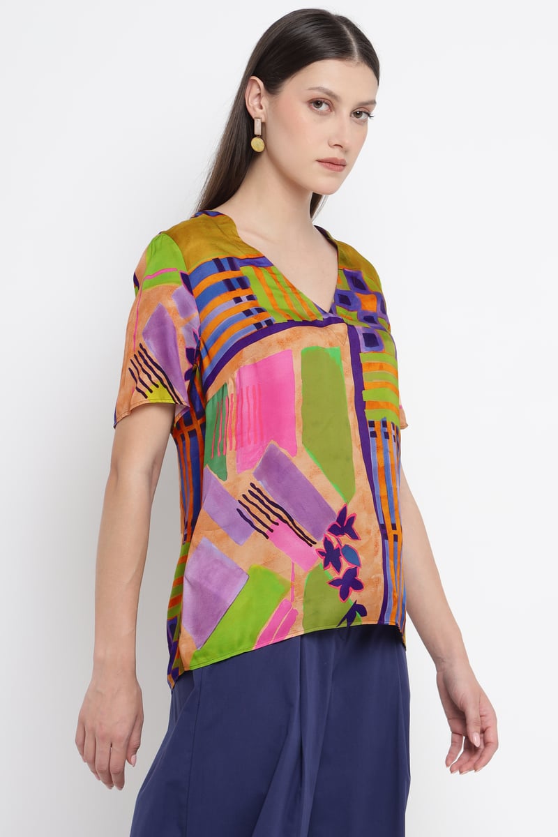 Multicolor Abstract Printed V-Neck Viscose Top