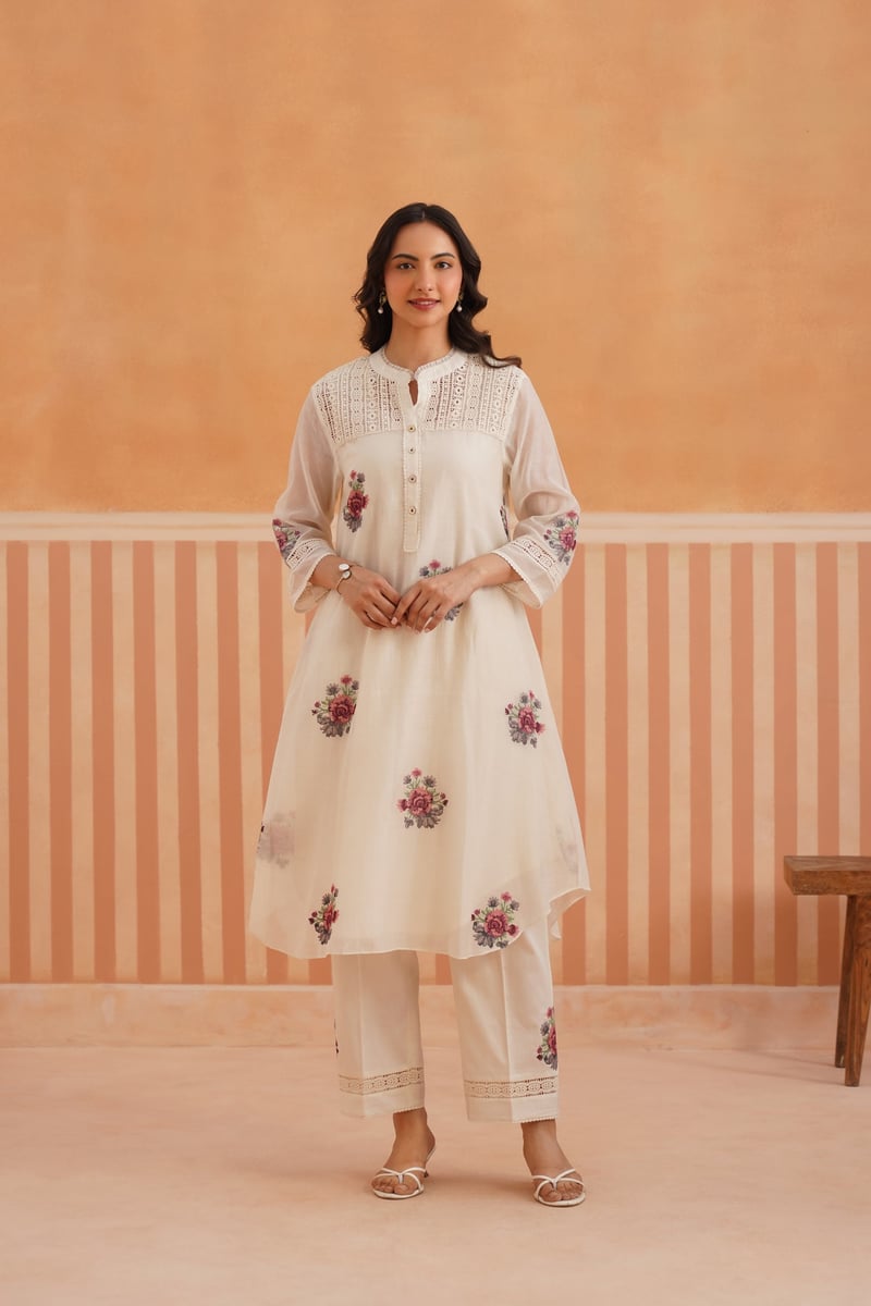 Ivory Mul Chanderi Embroidered Kurta Set with Lace Yoke
