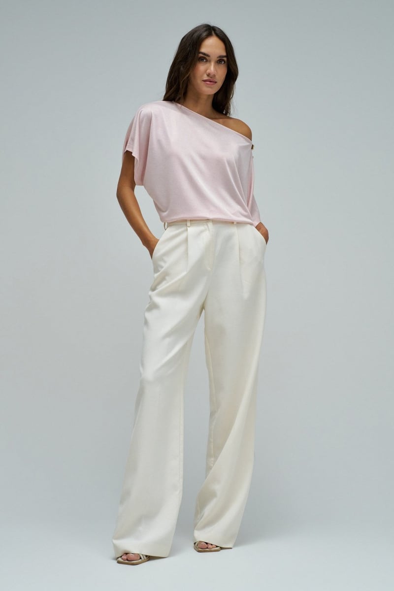 Light Pink Shiny Asymmetrical Boat Neck T-Shirt