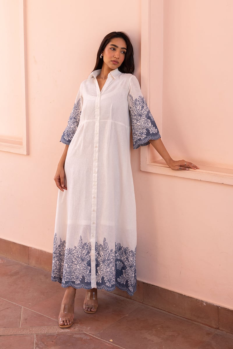 White Maxi Shirt Dress with Blue Embroidery and Cutwork